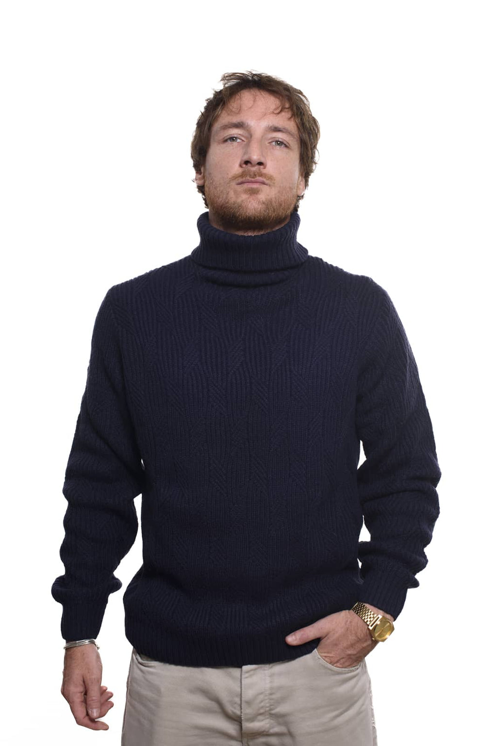 Maglione Dolcevita In Treccia Blue