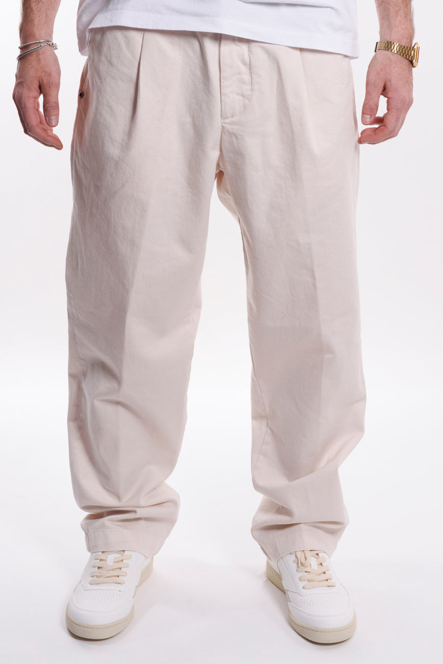 Pantalone con Pinces Gamba Ampia Bull Cotone Panna