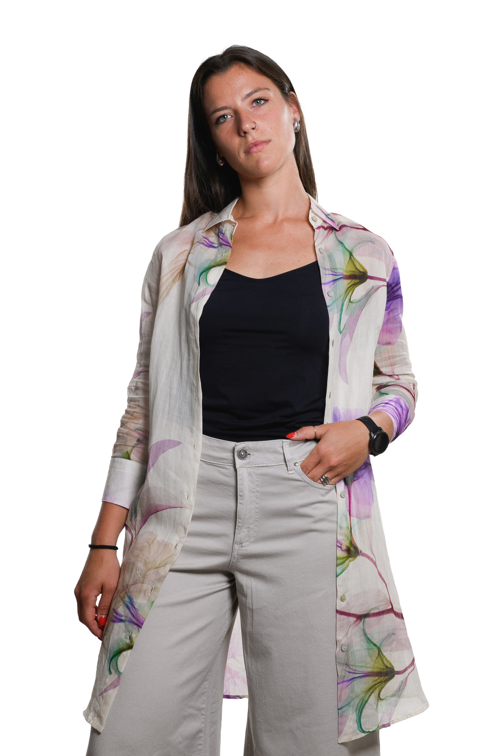 Abito Camicia Puro Ramie Floreale Bianco