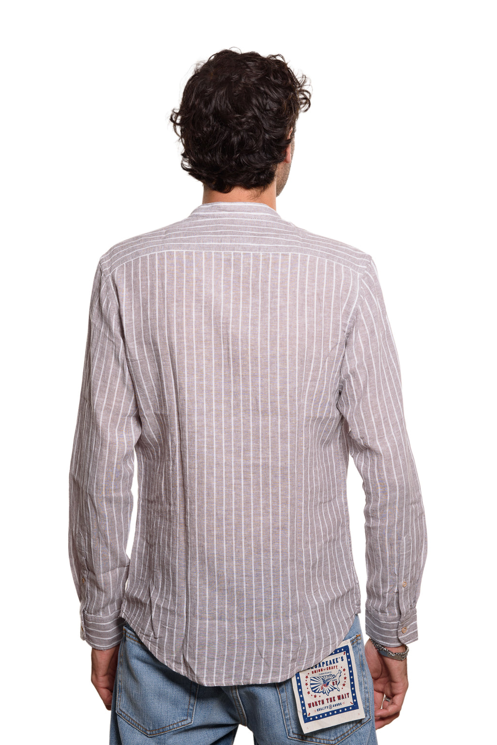 Camicia Coreana Bacchettata 100% Lino Grigio Bianco