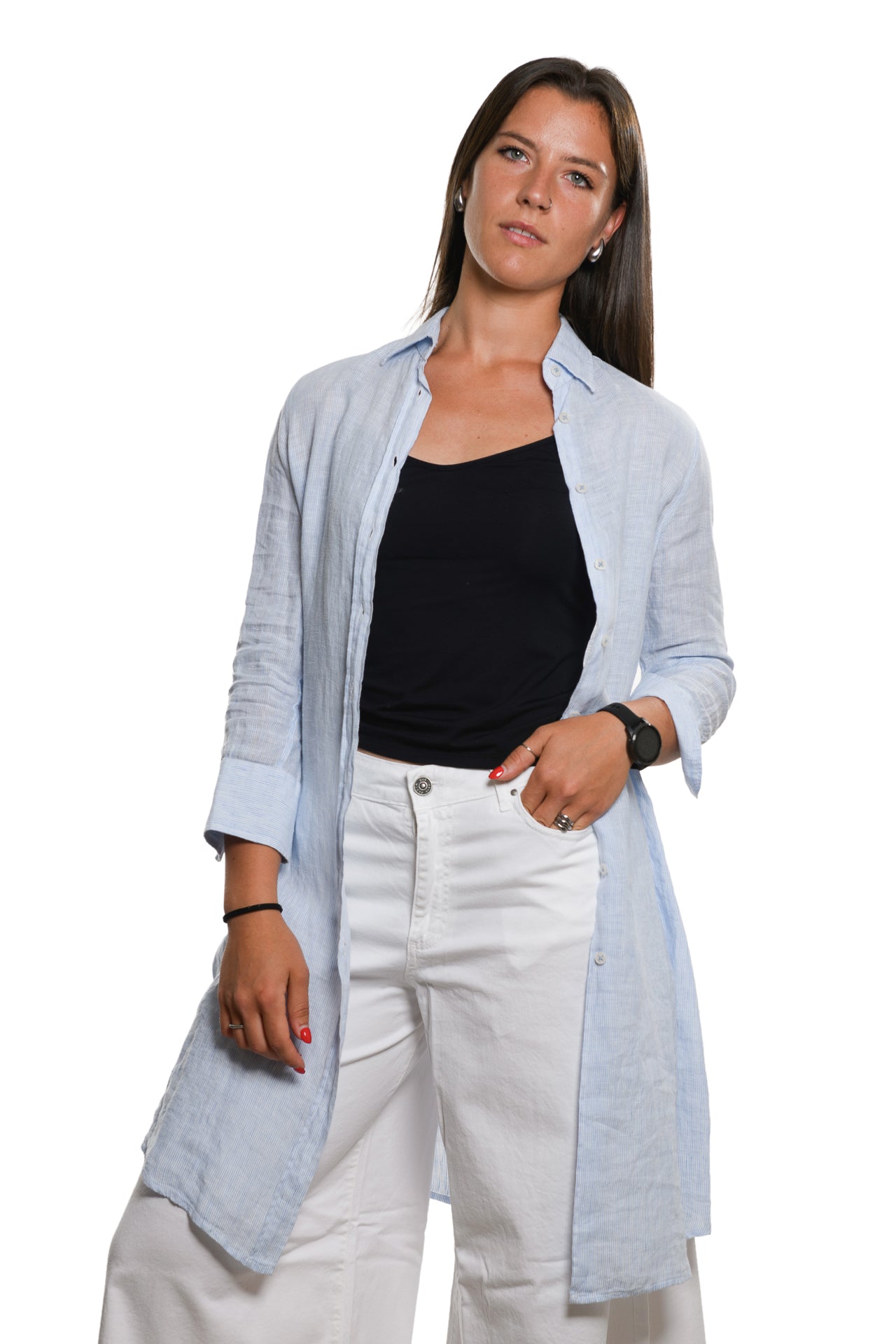 Abito Camicia Lino Cotone Azzurro Bacchettato