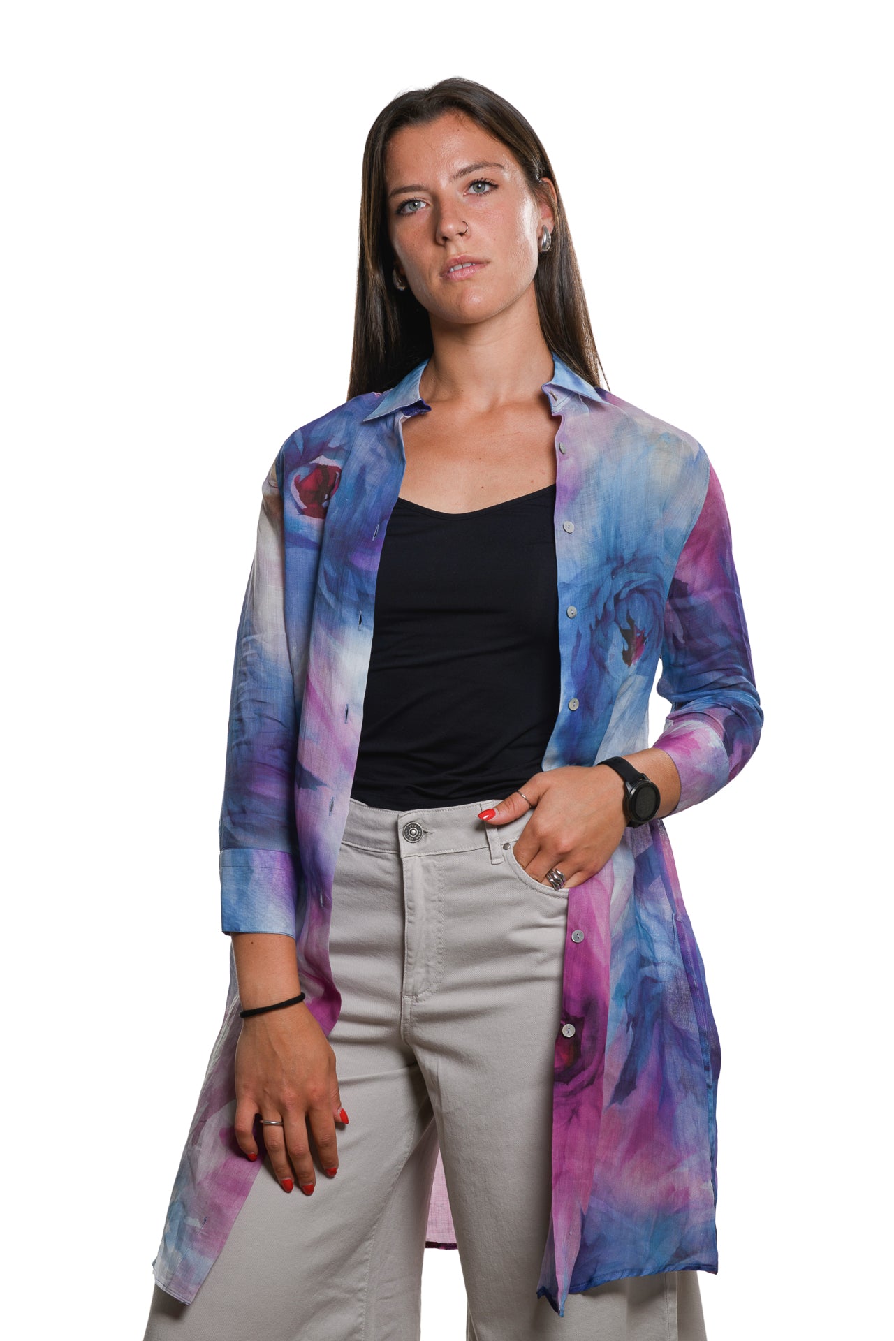 Abito Camicia Puro Ramie Floreale Blu
