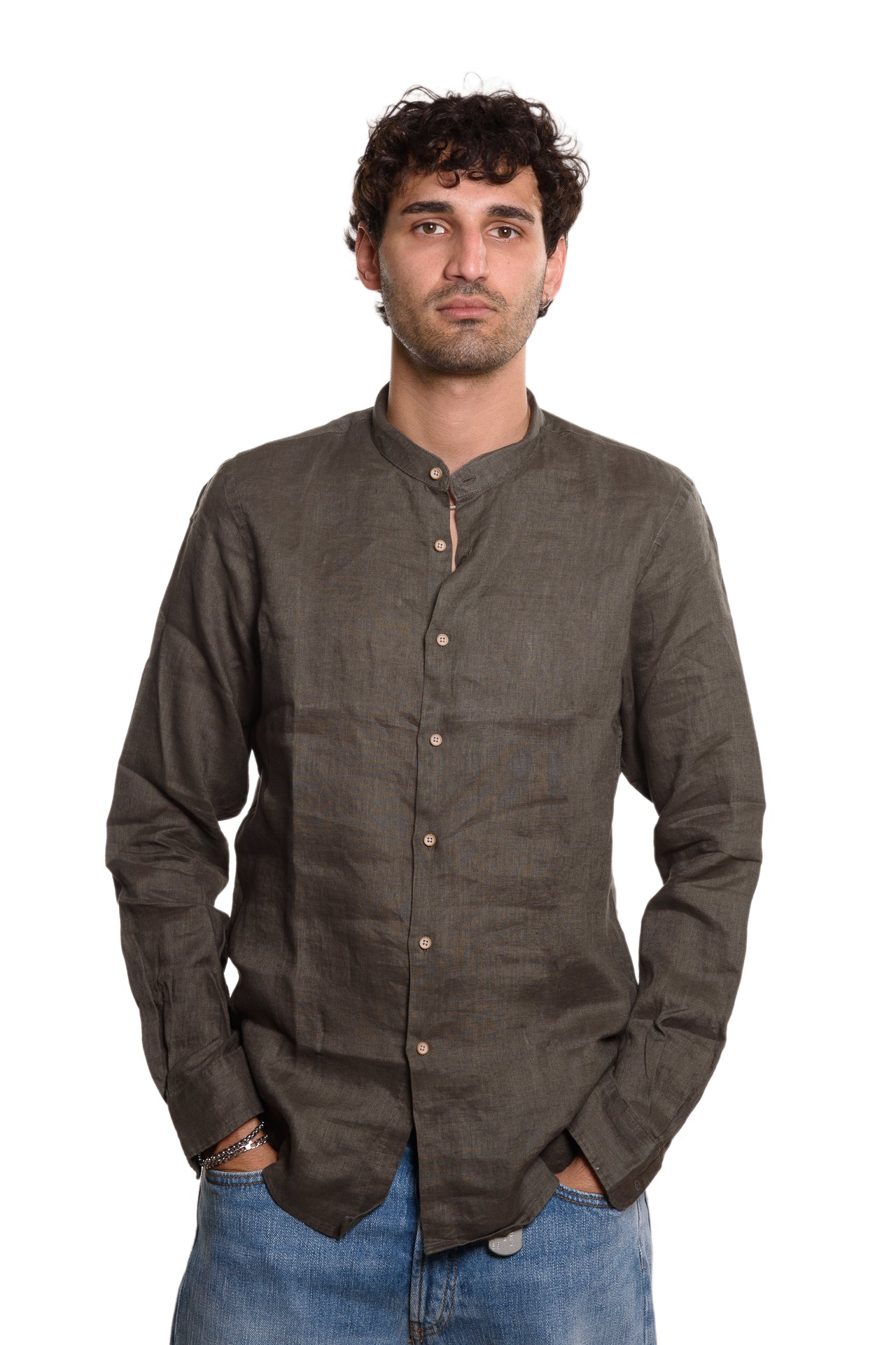 Camicia Coreana 100% Lino Verde Militare