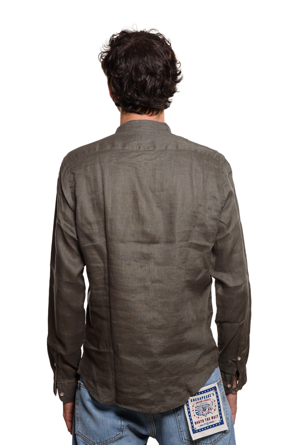 Camicia Coreana 100% Lino Verde Militare