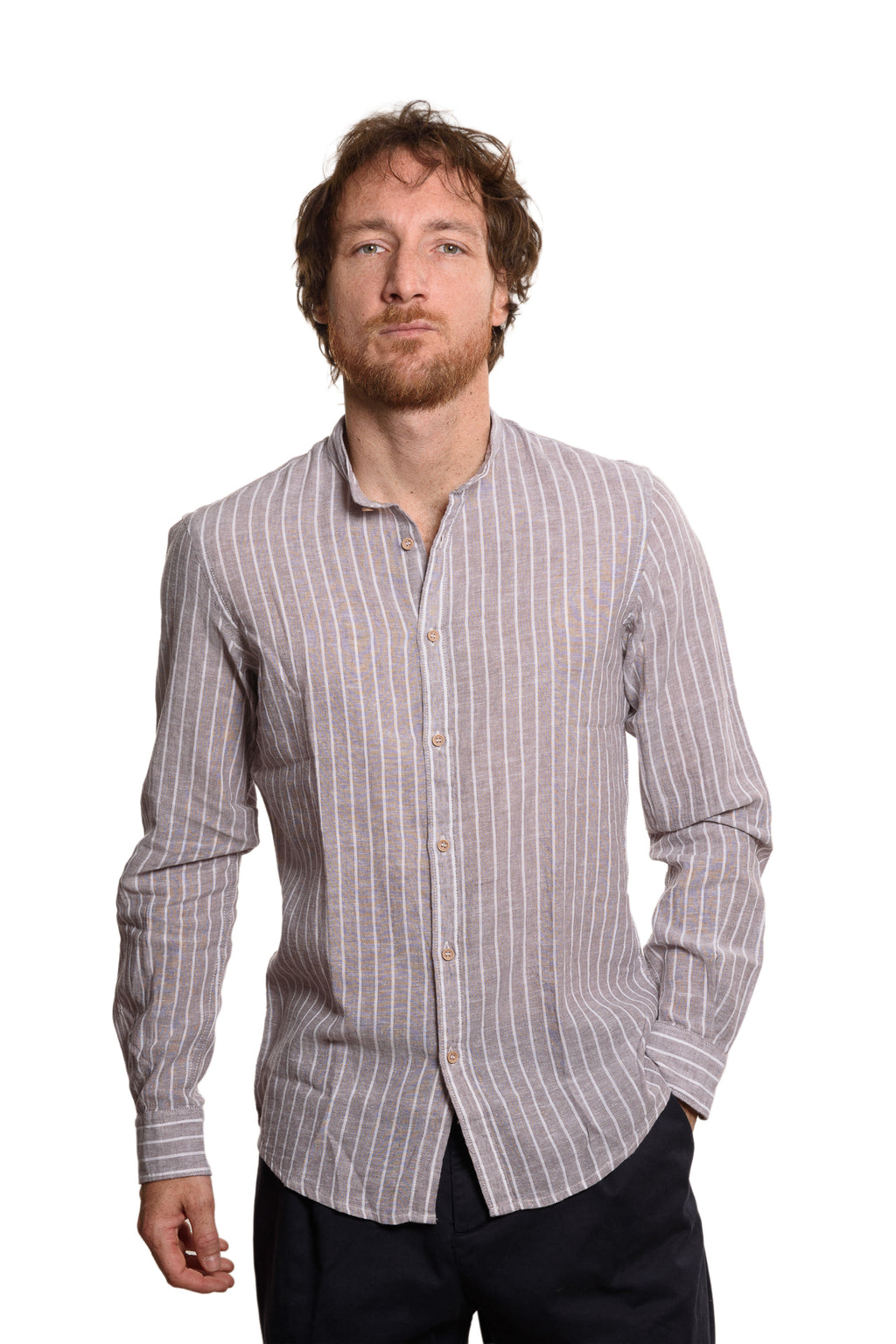 Camicia Coreana Bacchettata 100% Lino Grigio Bianco