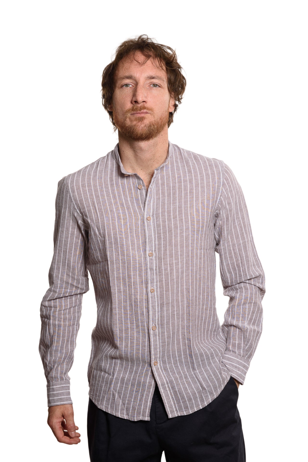 Camicia Coreana Bacchettata 100% Lino Grigio Bianco