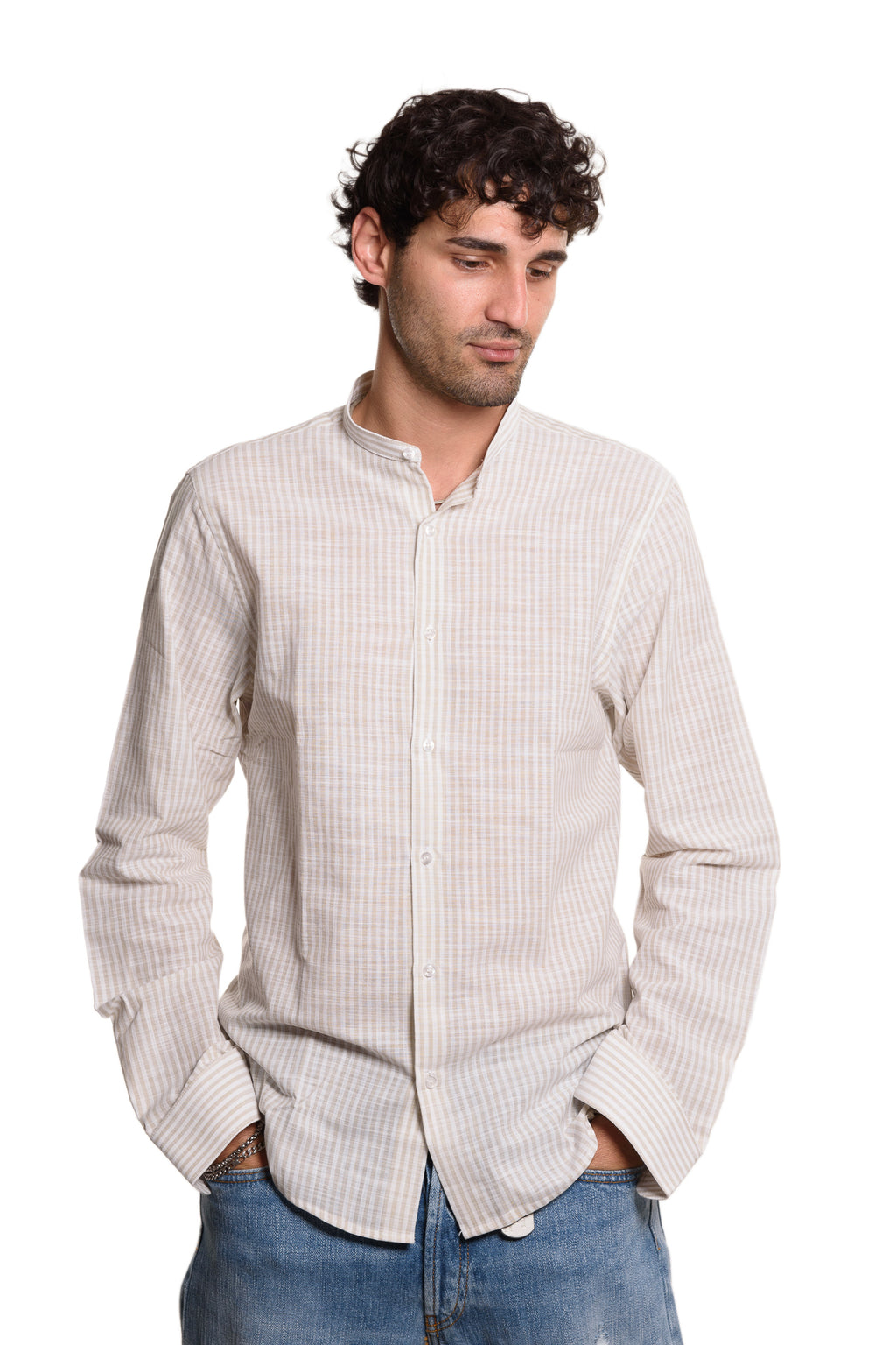 Camicia Coreana Bacchettata 100% Lino Sabbia