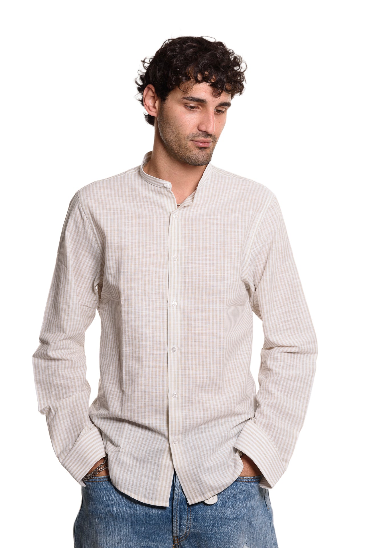 Camicia Coreana Bacchettata 100% Lino Sabbia