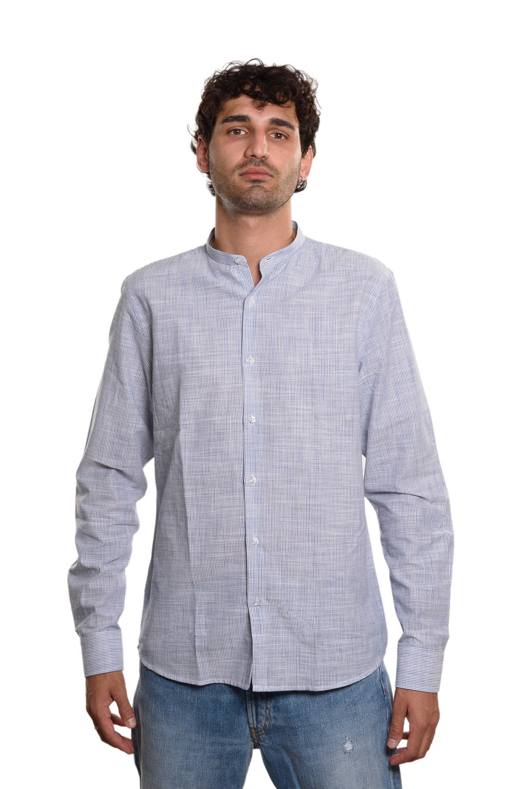 Camicia Coreana Bacchettata Millerighe 100% Lino Blu
