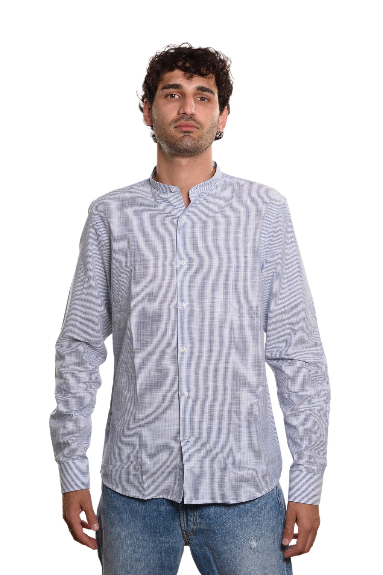 Camicia Coreana Bacchettata Millerighe 100% Lino Blu