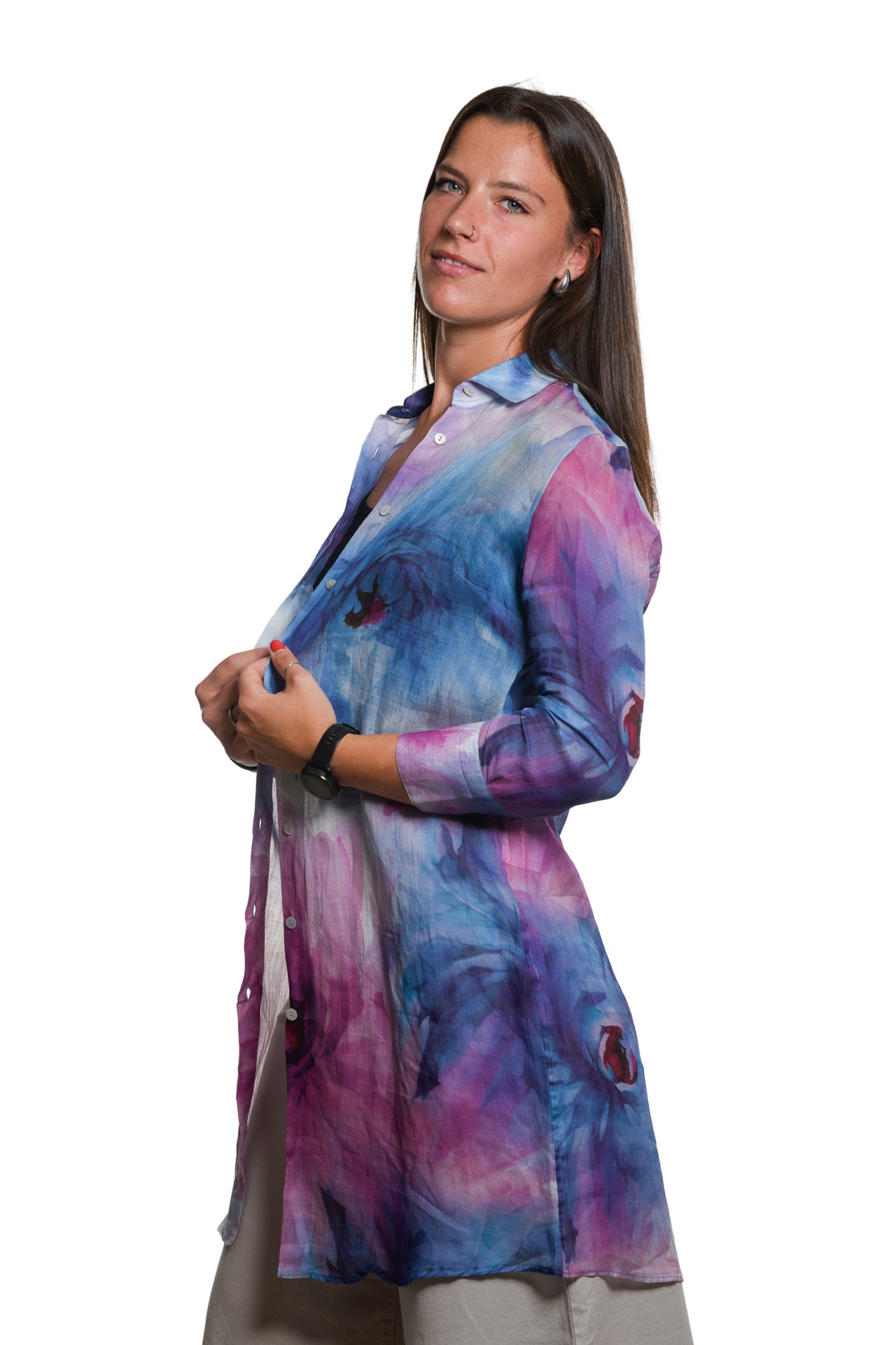 Abito Camicia Puro Ramie Floreale Blu