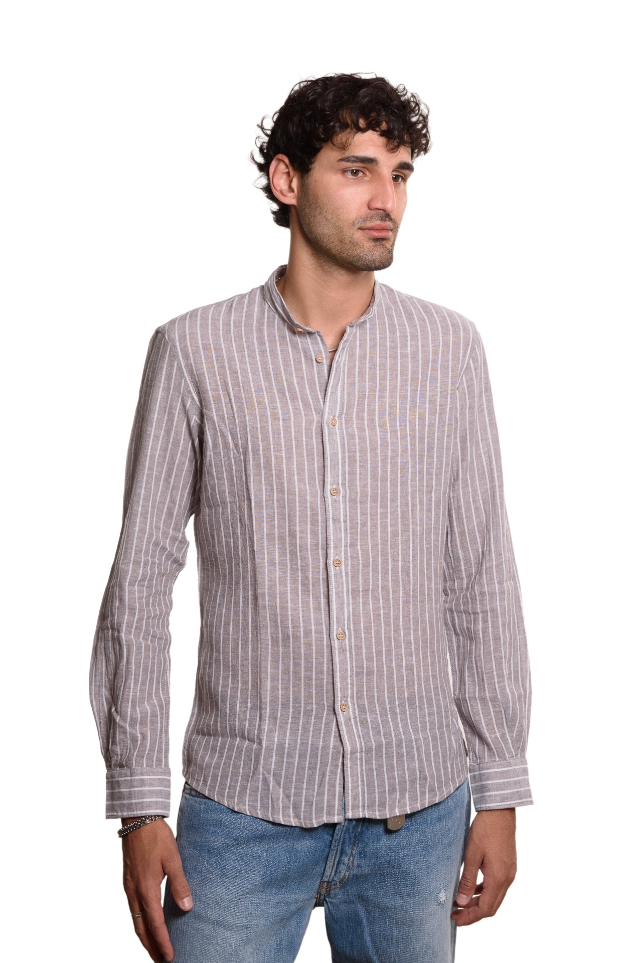 Camicia Coreana Bacchettata 100% Lino Grigio Bianco