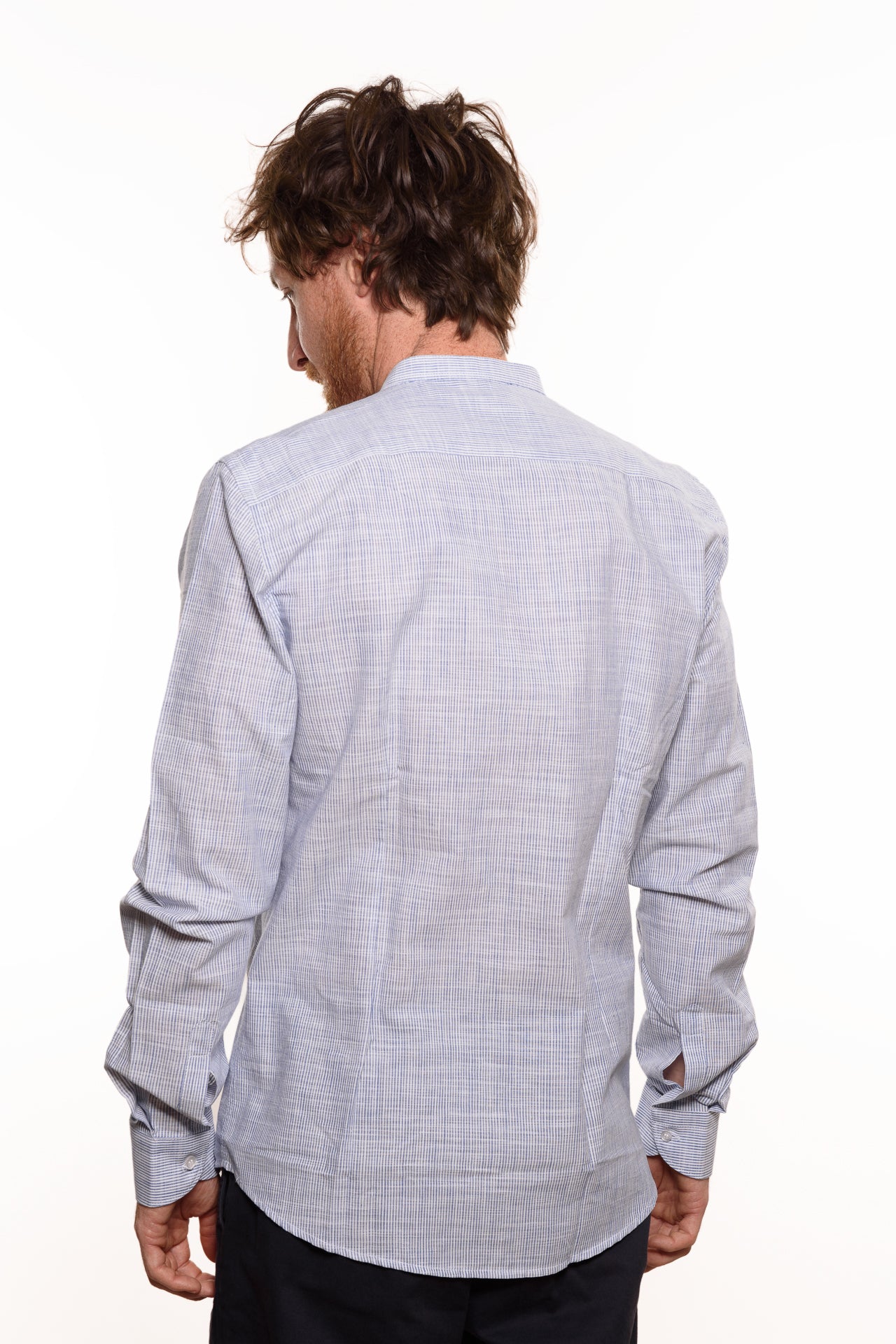 Camicia Coreana Bacchettata Millerighe 100% Lino Blu