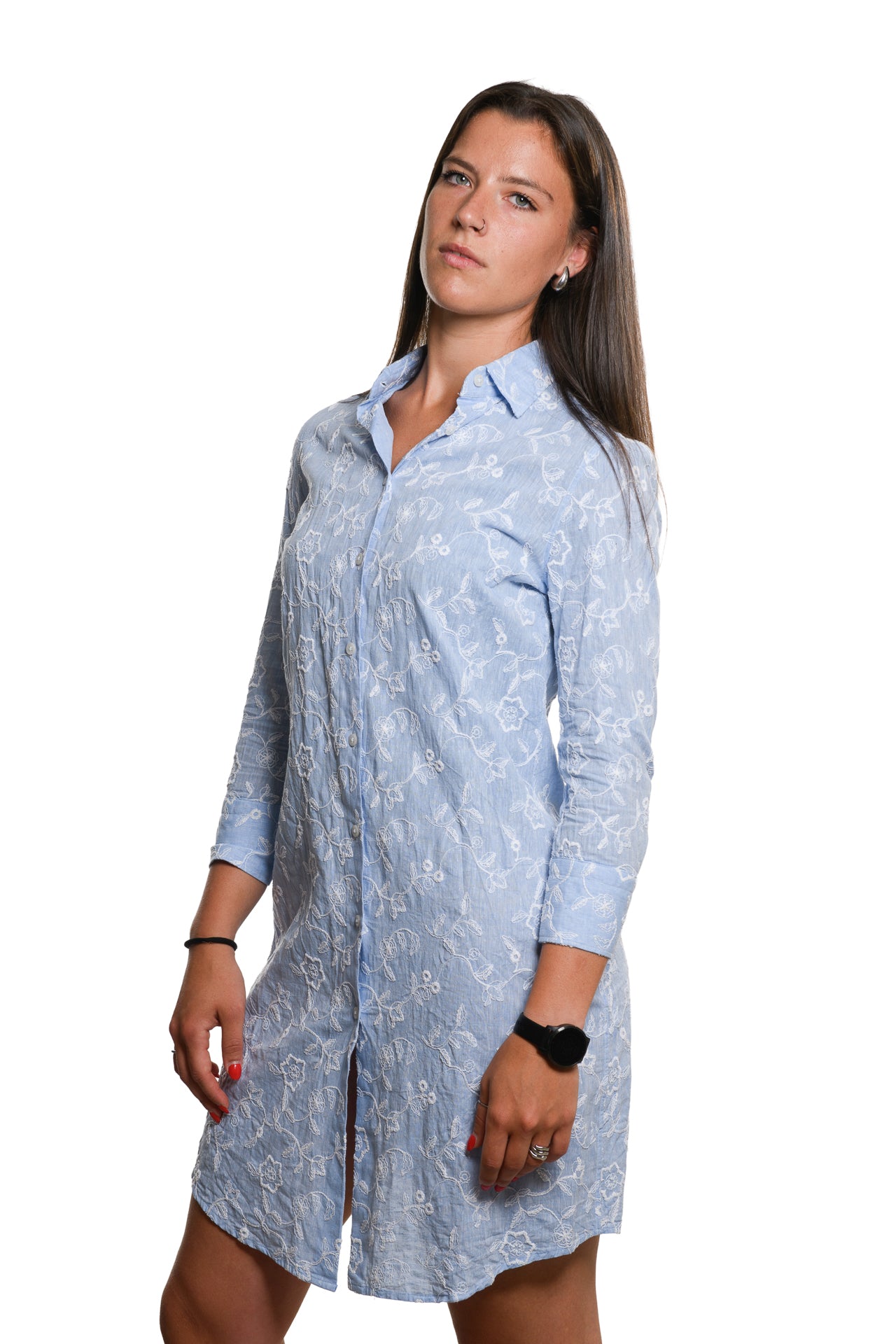 Abito Camicia Lino Cotone Azzurro Ricamato