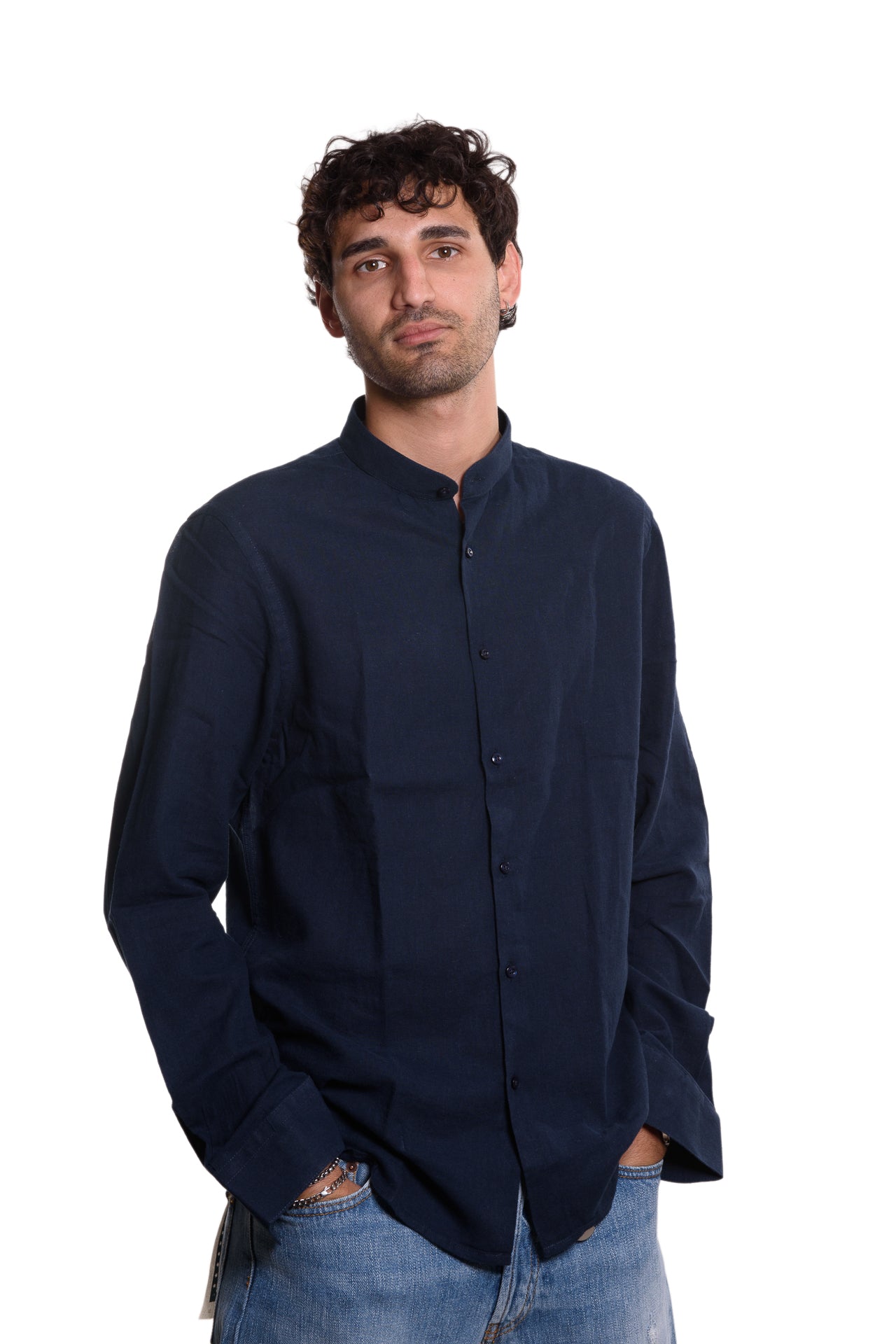 Camicia Coreana 100% Lino Blu