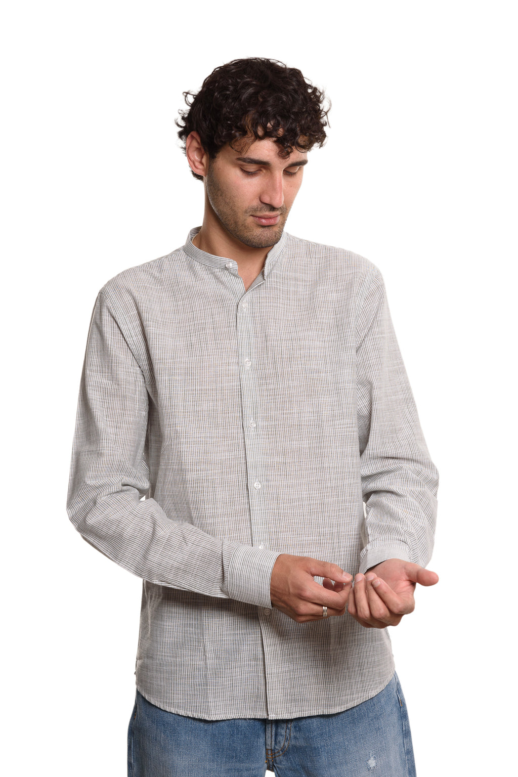 Camicia Coreana Bacchettata Millerighe 100% Lino Verde