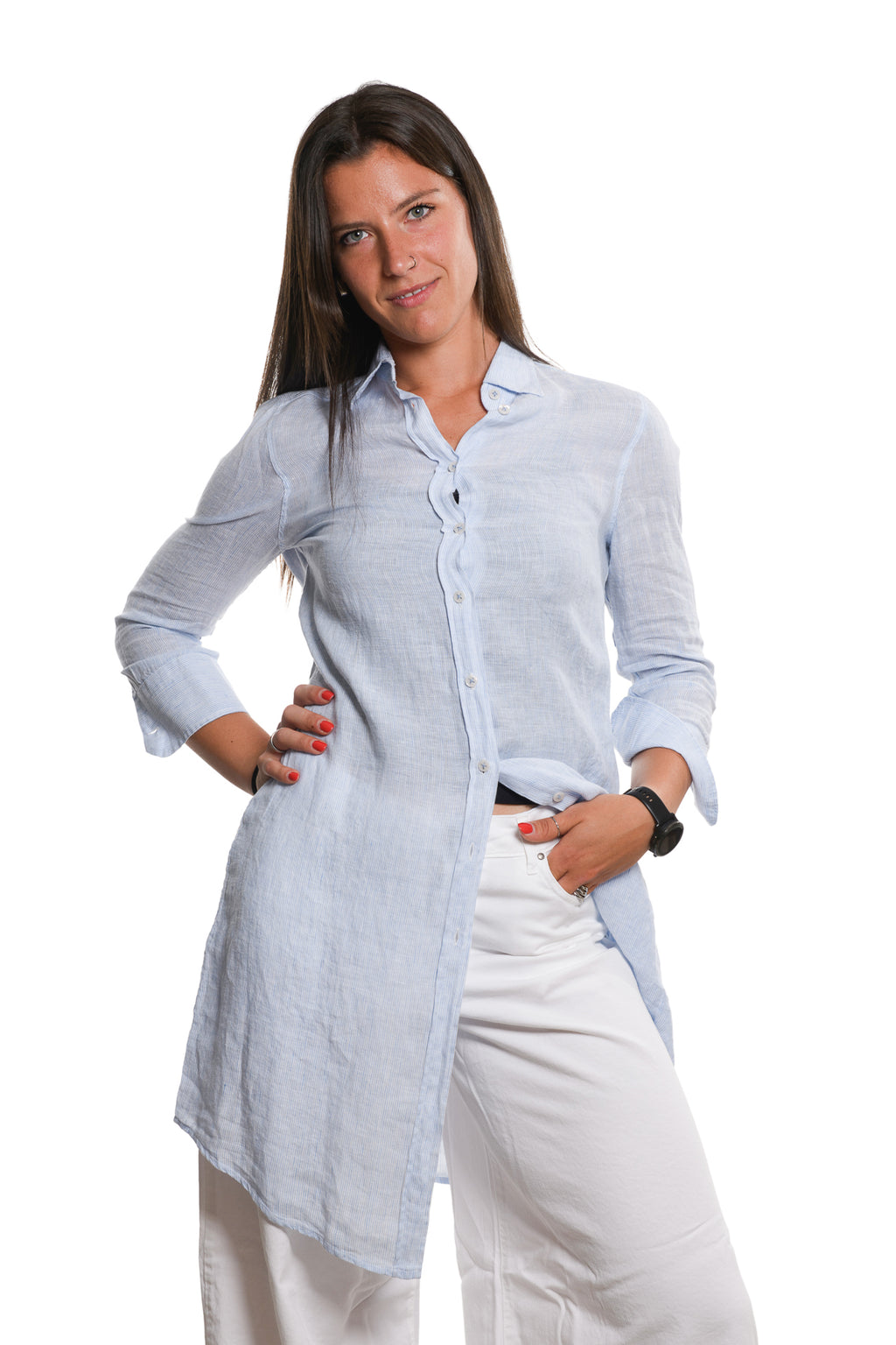 Abito Camicia Lino Cotone Azzurro Bacchettato