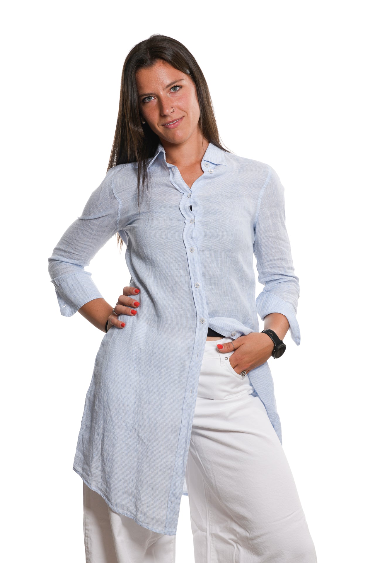 Abito Camicia Lino Cotone Azzurro Bacchettato