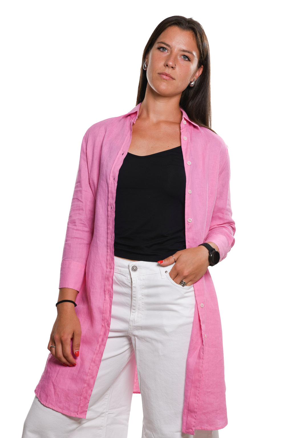 Abito Camicia Puro Lino Fucsia