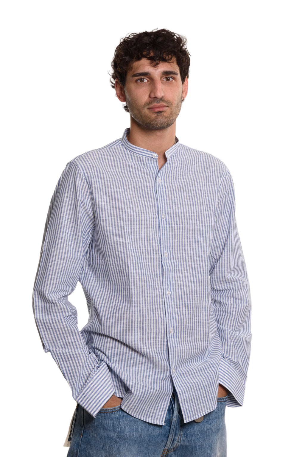 Camicia Coreana Bacchettata 100% Lino Blu