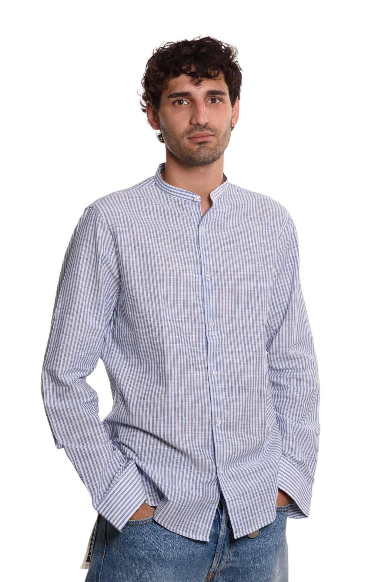 Camicia Coreana Bacchettata 100% Lino Blu