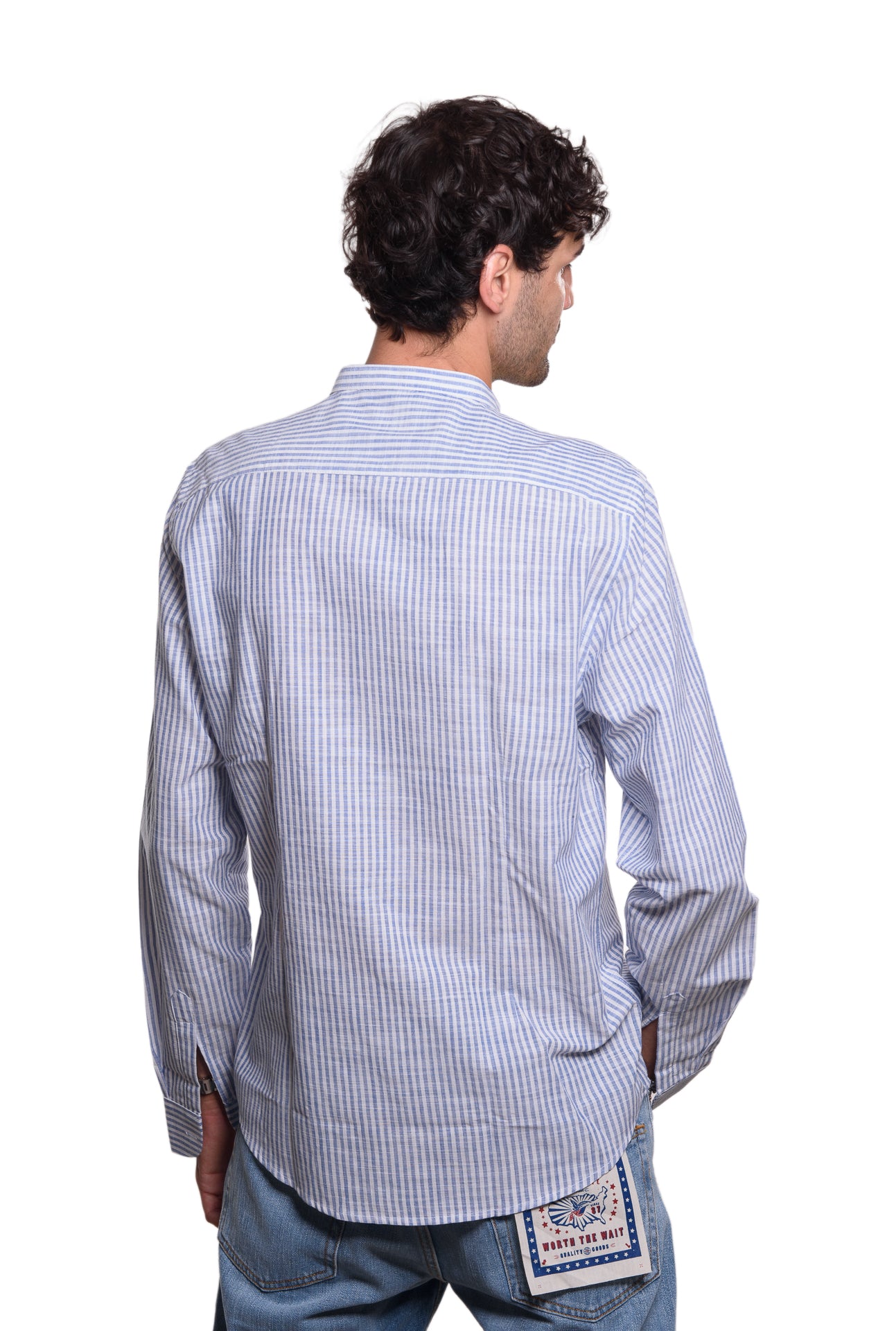 Camicia Coreana Bacchettata 100% Lino Blu