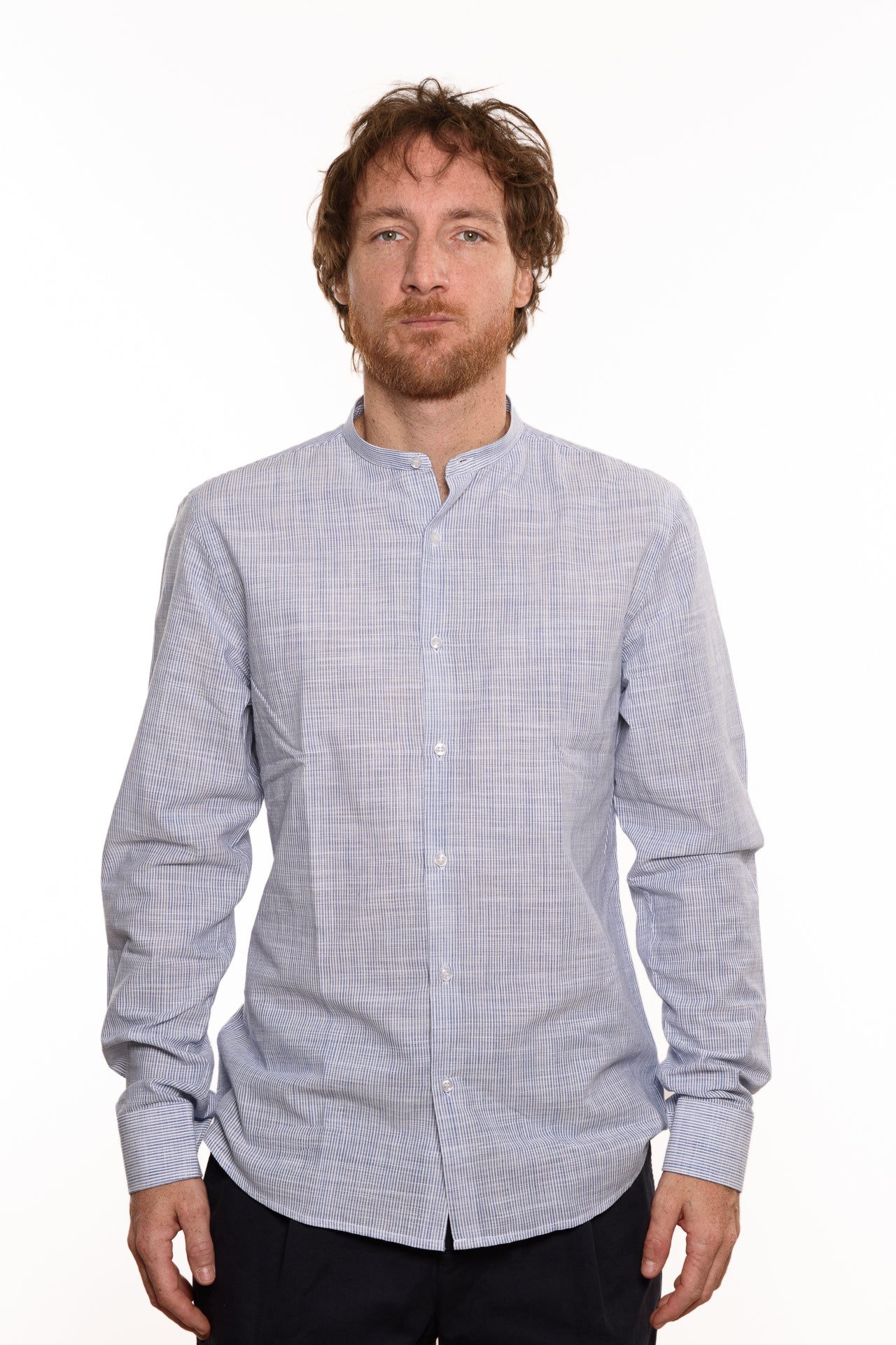 Camicia Coreana Bacchettata Millerighe 100% Lino Blu