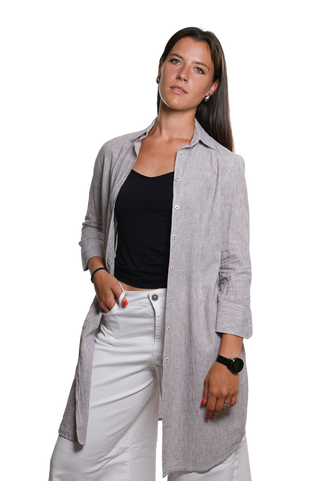 Abito Camicia Lino Cotone Marrone Bacchettato