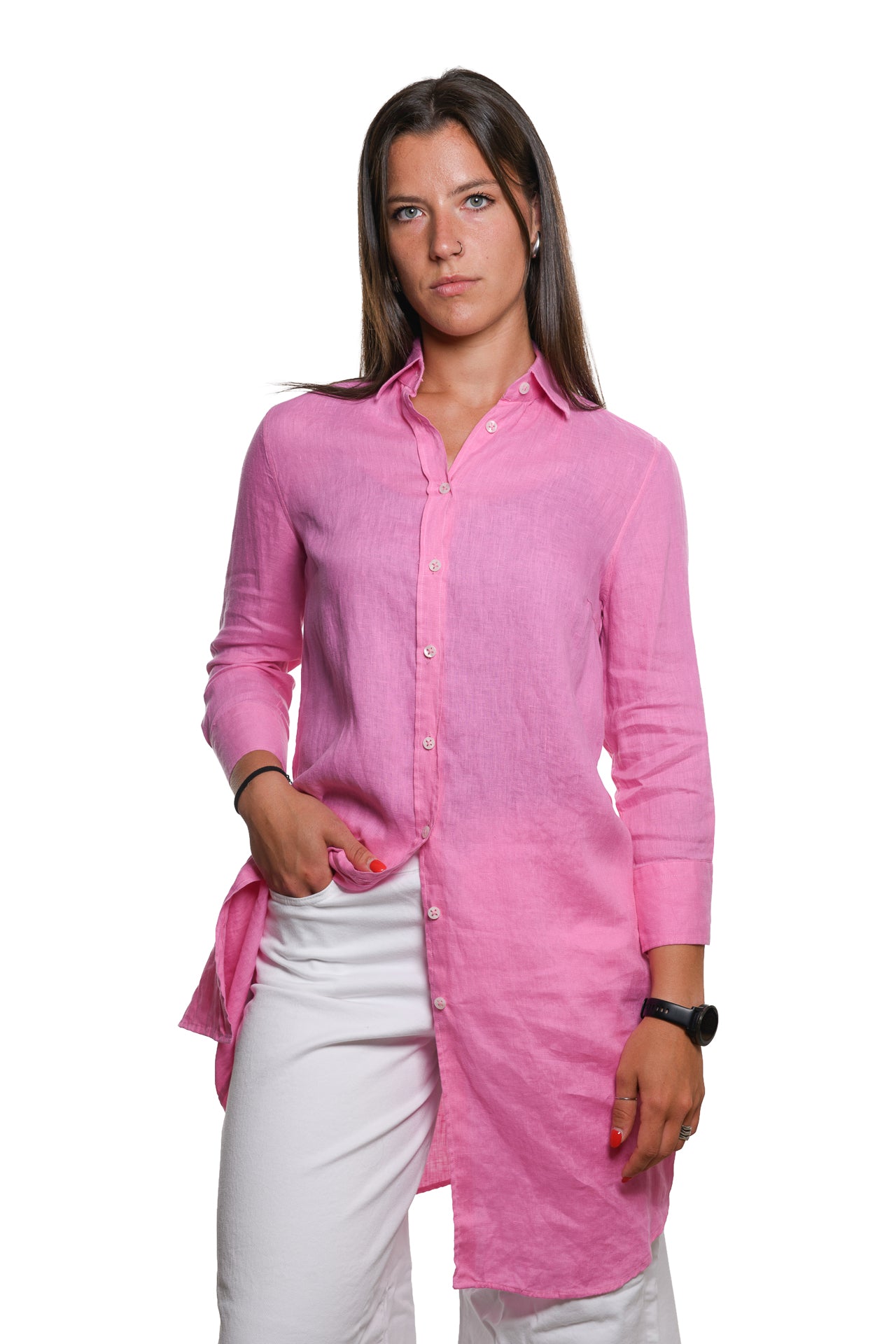 Abito Camicia Puro Lino Fucsia