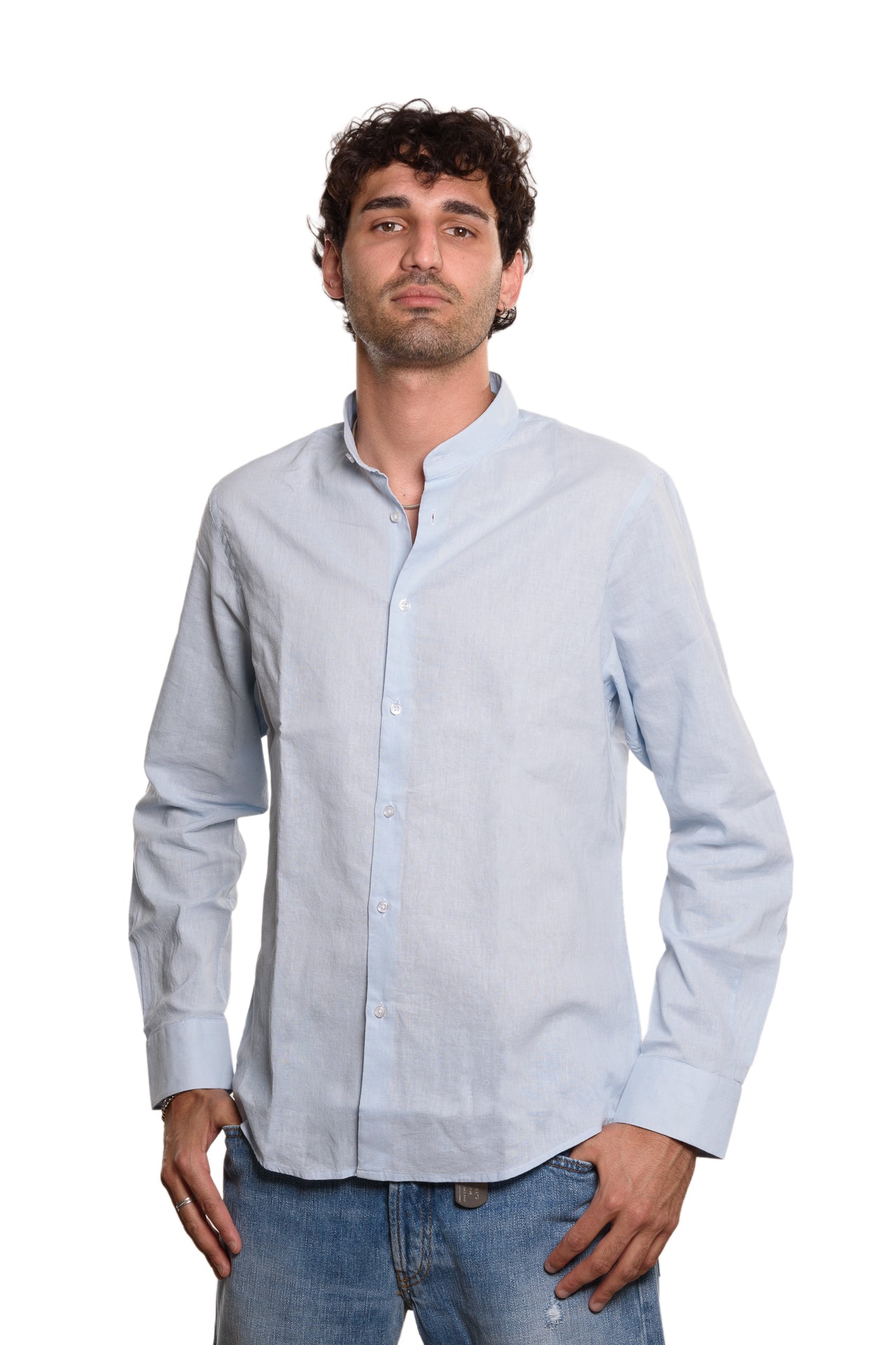 Camicia Coreana 100% Lino Azzurra
